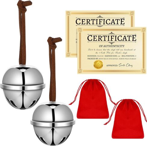 Poen 2 Sets Polar Sleigh Bell Gift 2 Inch Silver Christmas Believe Bells Certificate of Authenticity Red Velvet Gift Bags Sleigh Bells Reindeer Ornaments for Xmas Party Gifts in Saudi Arabia