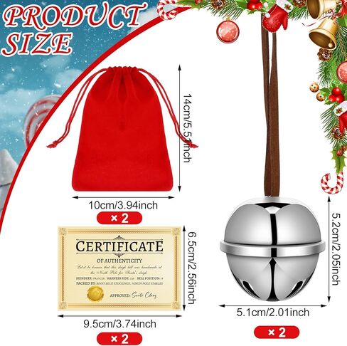 Poen 2 Sets Polar Sleigh Bell Gift 2 Inch Silver Christmas Believe Bells Certificate of Authenticity Red Velvet Gift Bags Sleigh Bells Reindeer Ornaments for Xmas Party Gifts in Saudi Arabia