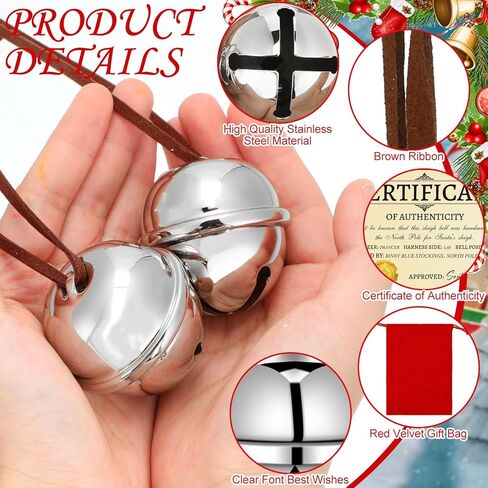 Poen 2 Sets Polar Sleigh Bell Gift 2 Inch Silver Christmas Believe Bells Certificate of Authenticity Red Velvet Gift Bags Sleigh Bells Reindeer Ornaments for Xmas Party Gifts in Saudi Arabia