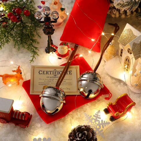 Poen 2 Sets Polar Sleigh Bell Gift 2 Inch Silver Christmas Believe Bells Certificate of Authenticity Red Velvet Gift Bags Sleigh Bells Reindeer Ornaments for Xmas Party Gifts in Saudi Arabia