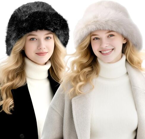 JenPen 2 Pcs Winter Furry Bucket Hat for Women Fluffy Faux Fur Bucket Hat Warmer Fisherman Cap Ladies Fluffy Snow Cap for Casual Trips Sports Skiing, Black and Beige-White in Saudi Arabia