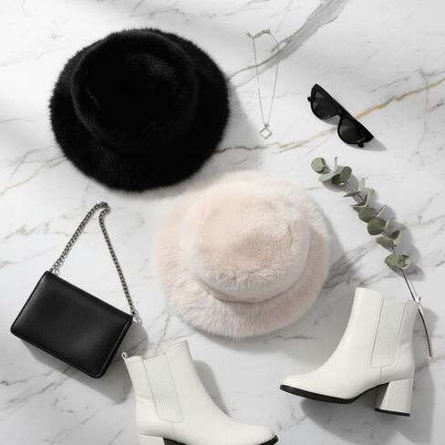 JenPen 2 Pcs Winter Furry Bucket Hat for Women Fluffy Faux Fur Bucket Hat Warmer Fisherman Cap Ladies Fluffy Snow Cap for Casual Trips Sports Skiing, Black and Beige-White in Saudi Arabia