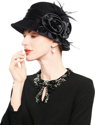 Women's Black Wool Felt Cloche Hat with Flower Feather Formal Church Tea Party Dress Cocktail Bucket Hats in Saudi Arabia