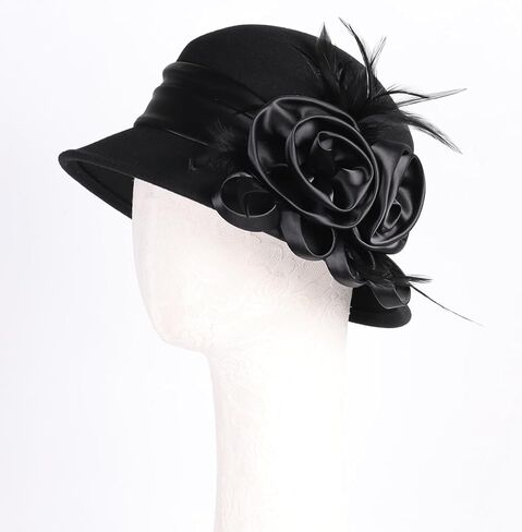 Women's Black Wool Felt Cloche Hat with Flower Feather Formal Church Tea Party Dress Cocktail Bucket Hats in Saudi Arabia