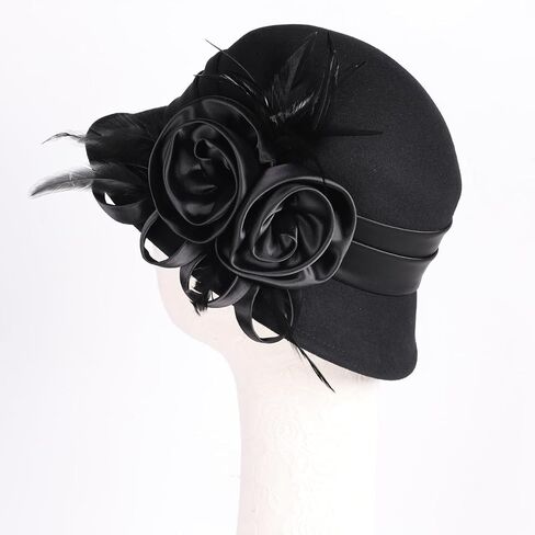 Women's Black Wool Felt Cloche Hat with Flower Feather Formal Church Tea Party Dress Cocktail Bucket Hats in Saudi Arabia