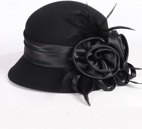 Women's Black Wool Felt Cloche Hat with Flower Feather Formal Church Tea Party Dress Cocktail Bucket Hats in Saudi Arabia