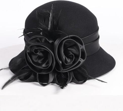 Women's Black Wool Felt Cloche Hat with Flower Feather Formal Church Tea Party Dress Cocktail Bucket Hats in Saudi Arabia