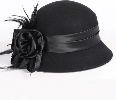 Women's Black Wool Felt Cloche Hat with Flower Feather Formal Church Tea Party Dress Cocktail Bucket Hats in Saudi Arabia