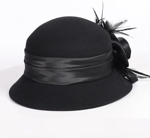 Women's Black Wool Felt Cloche Hat with Flower Feather Formal Church Tea Party Dress Cocktail Bucket Hats in Saudi Arabia