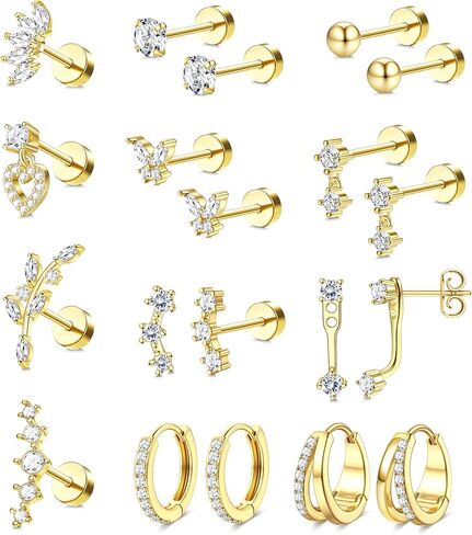 BESTEEL Hypoallergenic Flat Back Earrings Set - 14K Gold Plated Cartilage Earrings for Women Surgical Steel Flatback Stud Hoop Earring Stacks for Helix Tragus Conch Piercing Jewelry (Singles & Pairs) in Saudi Arabia