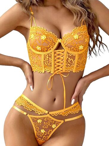 Floral Lace Lingerie Set for Women - Sexy Underwear with Adjustable Straps and Open Back Design in Saudi Arabia