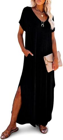 Dokotoo Womens Casual Summer Short Sleeve Long T Shirt Dress Split Maxi Dress Beach Dresses with Pockets in Saudi Arabia