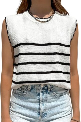 Womens Sweater Vest Summer Sleeveless Tank Sweaters Striped Knit Pullover Tops in Saudi Arabia