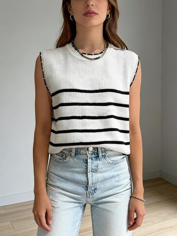 Womens Sweater Vest Summer Sleeveless Tank Sweaters Striped Knit Pullover Tops in Saudi Arabia