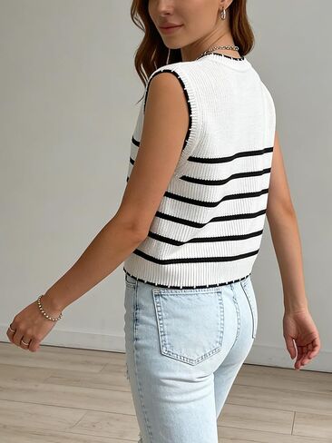 Womens Sweater Vest Summer Sleeveless Tank Sweaters Striped Knit Pullover Tops in Saudi Arabia