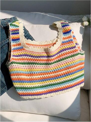 SHENHE Women's Crochet Sweater Tank Rainbow Striped Sleeveless Summer Knit Vest Crop Top in Saudi Arabia