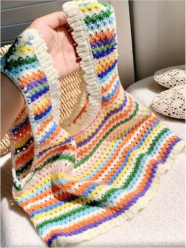 SHENHE Women's Crochet Sweater Tank Rainbow Striped Sleeveless Summer Knit Vest Crop Top in Saudi Arabia