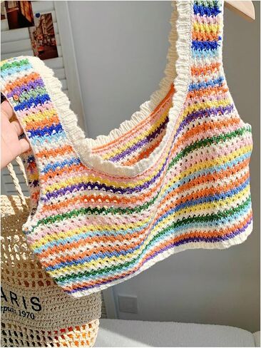 SHENHE Women's Crochet Sweater Tank Rainbow Striped Sleeveless Summer Knit Vest Crop Top in Saudi Arabia