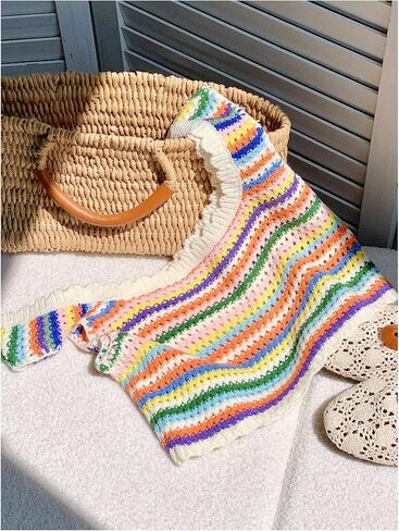 SHENHE Women's Crochet Sweater Tank Rainbow Striped Sleeveless Summer Knit Vest Crop Top in Saudi Arabia