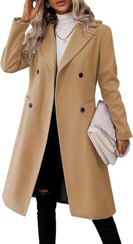 Sexyshine Women's Winter Double Breasted Long Coats Notch Lapel Collar Pea Coat Slim Fit Trench Coat Jacket Outwear in Kuwait