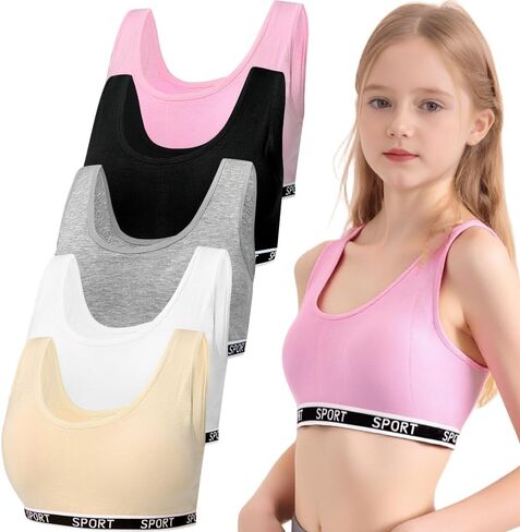 5 Pack Girls'Cotton Sports Bra with Removable Pads Comfort Wireless Underwear for Teens 8-15 Years in Saudi Arabia
