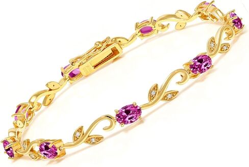 Gem Stone King 18K Yellow Gold Plated Silver Pink Created Sapphire and Diamond Greek Vine Tennis Bracelet For Women | 4.63 Cttw | 7 Inch in Saudi Arabia