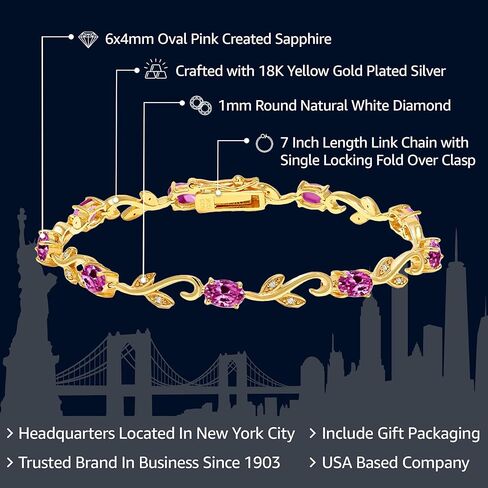 Gem Stone King 18K Yellow Gold Plated Silver Pink Created Sapphire and Diamond Greek Vine Tennis Bracelet For Women | 4.63 Cttw | 7 Inch in Saudi Arabia