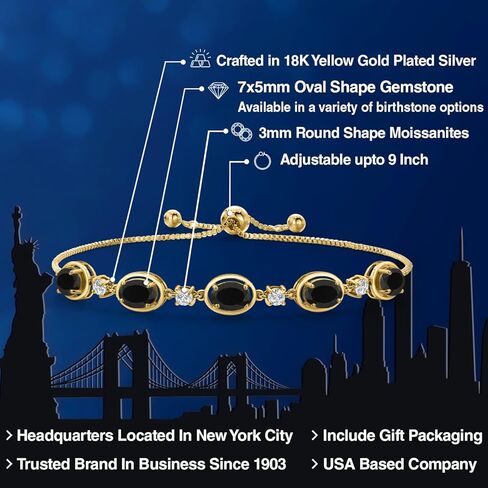 Gem Stone King 18K Yellow Gold Plated Silver Black Onyx Bracelet For Women | 3.50 Cttw | Gemstone December Birthstone | Oval 7X5MM | Fully Adjustable 9 Inch in Saudi Arabia