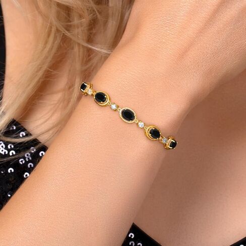 Gem Stone King 18K Yellow Gold Plated Silver Black Onyx Bracelet For Women | 3.50 Cttw | Gemstone December Birthstone | Oval 7X5MM | Fully Adjustable 9 Inch in Saudi Arabia