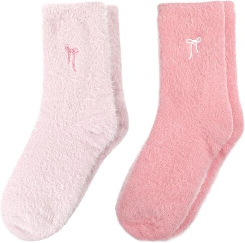 Prasacco 2 Pairs Fuzzy Socks for Women Thick Fluffy Socks with Bows Soft Slipper Sock Spa Home Sleeping Coquette Stuff, Light Pink + Dark Pink in Saudi Arabia