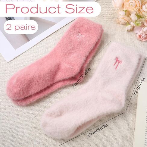 Prasacco 2 Pairs Fuzzy Socks for Women Thick Fluffy Socks with Bows Soft Slipper Sock Spa Home Sleeping Coquette Stuff, Light Pink + Dark Pink in Saudi Arabia