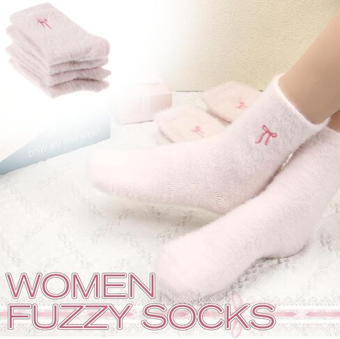 Prasacco 2 Pairs Fuzzy Socks for Women Thick Fluffy Socks with Bows Soft Slipper Sock Spa Home Sleeping Coquette Stuff, Light Pink + Dark Pink in Saudi Arabia