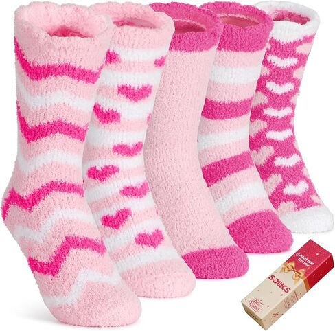 Valentines Day Gifts for Her - 5 Pairs Cozy Fuzzy Socks for Women, Fluffy Slipper Socks for Girlfriend, Wife, Mom on Birthday, Galentines Day in Saudi Arabia