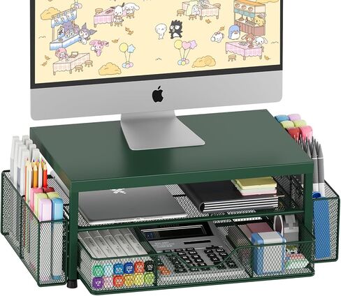Desk Organizers and Accessories, 2-Tier Computer Monitor Stand for Desk Organizer with Drawer and 2 Pen Holders, Office Desk Accessories Workspace Desktop Organizers for Office Supplies, Pink in Saudi Arabia