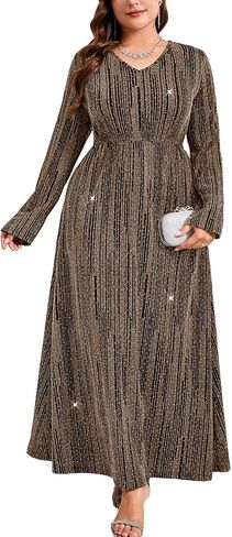 ZOMVA Plus Size Sparkly Formal Dress A-Line V-Neck Long Sleeve Glitter Maxi Gown Wedding Guest Cocktail Evening Party in Saudi Arabia
