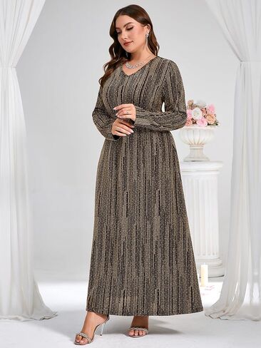 ZOMVA Plus Size Sparkly Formal Dress A-Line V-Neck Long Sleeve Glitter Maxi Gown Wedding Guest Cocktail Evening Party in Saudi Arabia
