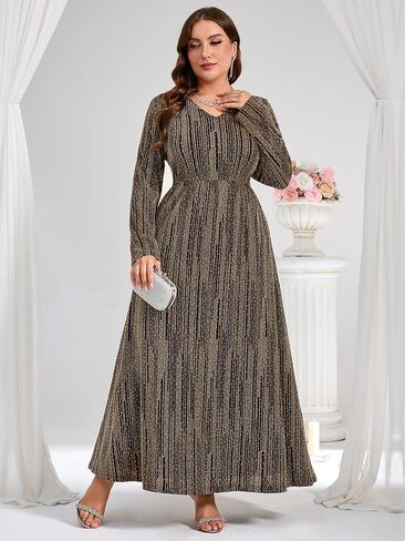 ZOMVA Plus Size Sparkly Formal Dress A-Line V-Neck Long Sleeve Glitter Maxi Gown Wedding Guest Cocktail Evening Party in Saudi Arabia