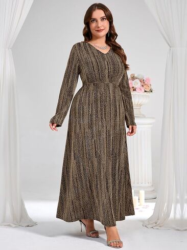 ZOMVA Plus Size Sparkly Formal Dress A-Line V-Neck Long Sleeve Glitter Maxi Gown Wedding Guest Cocktail Evening Party in Saudi Arabia