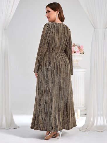 ZOMVA Plus Size Sparkly Formal Dress A-Line V-Neck Long Sleeve Glitter Maxi Gown Wedding Guest Cocktail Evening Party in Saudi Arabia