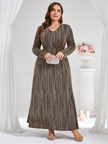 ZOMVA Plus Size Sparkly Formal Dress A-Line V-Neck Long Sleeve Glitter Maxi Gown Wedding Guest Cocktail Evening Party in Saudi Arabia