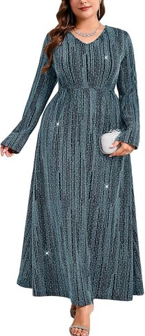 ZOMVA Plus Size Sparkly Formal Dress A-Line V-Neck Long Sleeve Glitter Maxi Gown Wedding Guest Cocktail Evening Party in Saudi Arabia