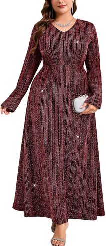 ZOMVA Plus Size Sparkly Formal Dress A-Line V-Neck Long Sleeve Glitter Maxi Gown Wedding Guest Cocktail Evening Party in Saudi Arabia