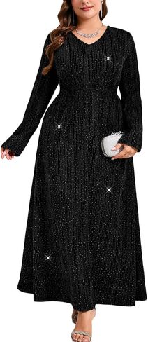 ZOMVA Plus Size Sparkly Formal Dress A-Line V-Neck Long Sleeve Glitter Maxi Gown Wedding Guest Cocktail Evening Party in Saudi Arabia