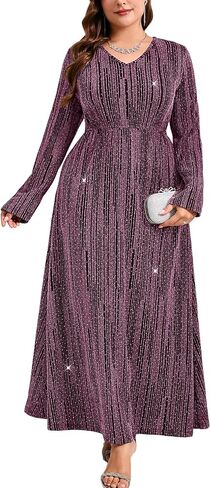 ZOMVA Plus Size Sparkly Formal Dress A-Line V-Neck Long Sleeve Glitter Maxi Gown Wedding Guest Cocktail Evening Party in Saudi Arabia