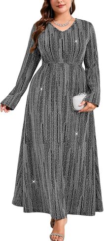 ZOMVA Plus Size Sparkly Formal Dress A-Line V-Neck Long Sleeve Glitter Maxi Gown Wedding Guest Cocktail Evening Party in Saudi Arabia