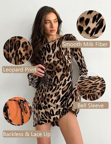 Women's Sexy Backless Crew Neck Leopard Print Flare Long Sleeves Ruffle Hem Mini Bodycon Party Dress in Saudi Arabia