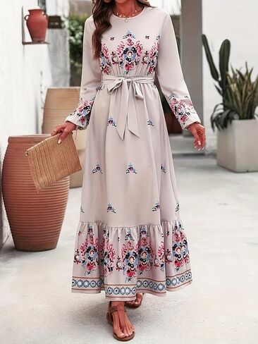 Fall Women's Casual Long Sleeve Floral Print V-Neck Maxi Dress in Saudi Arabia