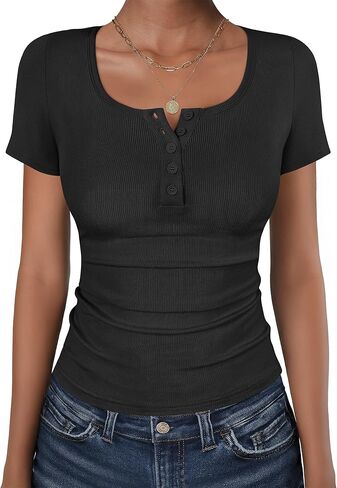 ANRABESS Women's Short Sleeve Henley Shirts Square Neck Buttons Ribbed Knit Slim Fit Tee Casual Basic Tops Blouse in Saudi Arabia