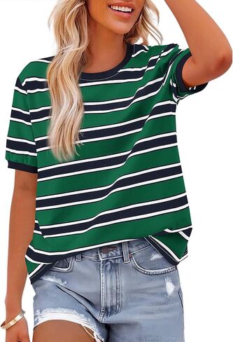 BTFBM Womens Summer Tops 2025 Crewneck Short Sleeve Striped T Shirts Casual Loose Lightweight Color Block Basic Tee in Kuwait