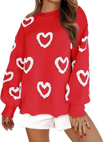 KMBANGI Women Heart Print Sweater Romantic Oversized Knitted Shirt Valentine's Day Love Graphic Long Sleeve Pullover Top in Kuwait